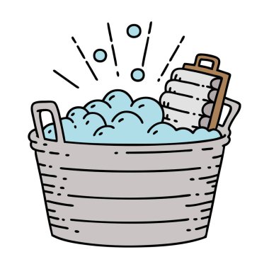 Geleneksel dövme stili, eski bir çamaşır tahtası ve fırçalama kabı. 