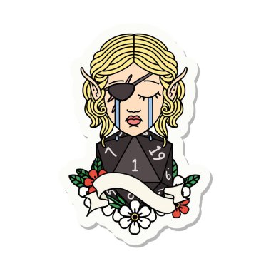 Ağlayan bir elf karakterinin çıkartması. Yüzünde doğal bir D20 rulosu var.