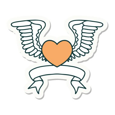 Kanatlı bir kalbin bayrağıyla dövme stili çıkartması