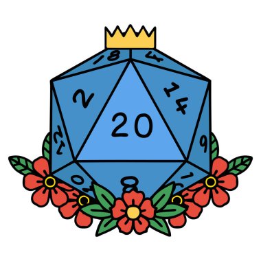 Retro Dövme Biçimi Doğal 20 D20 zarlar Çiçekli elementlerle yuvarlanır