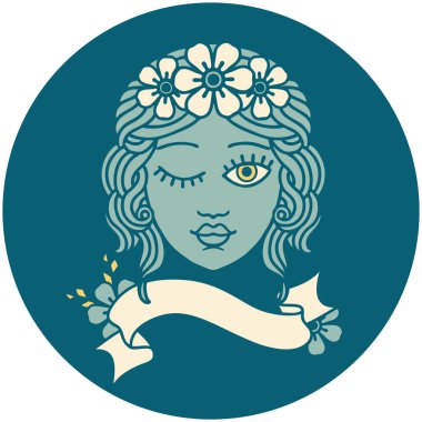 Dövme stili simgesi ve göz kırpan bakirelerin bayrağı.