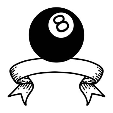Traditional black linework tattoo with banner of 8 ball vector