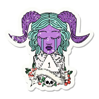 Ağlama çıkartması. Doğal bir D20 zarla bağlanmış.