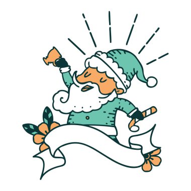 Dövme stili Noel Baba karakterli parşömen bayrağı kutluyor.