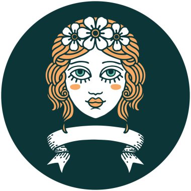 Çiçekten taç takan kadın yüzlü dövme simgesi