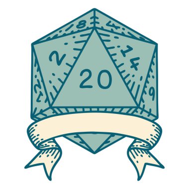 Retro Tattoo Style natural 20 critical hit D20 dice roll clipart
