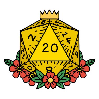 Retro Dövme Biçimi Doğal 20 D20 zarlar Çiçekli elementlerle yuvarlanır