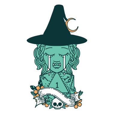 Retro Dövme Tarzı Ağlama Yarı Ork cadı yüzü ve doğal bir d20 zar atma