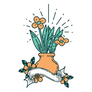 Vazoda dövme stili çiçekler olan kaydırma pankartı