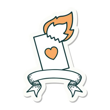 Yanan bir kartın pankartına sahip dövme stili çıkartması