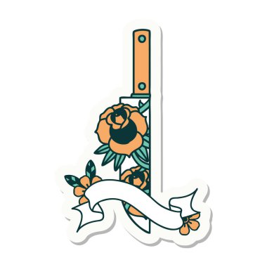 Hançer ve çiçek pankartlı dövme stili