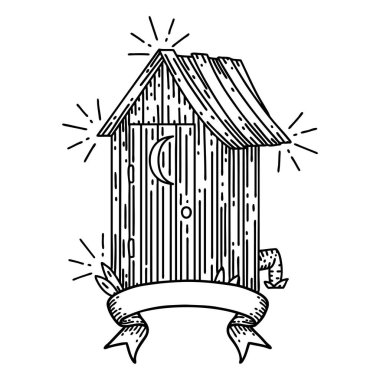 Siyah çizgili parşömen dövmeli açık hava tuvaleti.