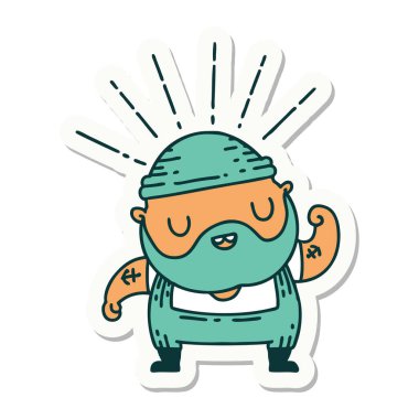 Dövme stili sakallı bir adamın çıkartması pazılarını esnetiyor.