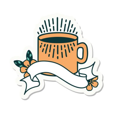 Dövme stili çıkartma ve bir fincan kahve.