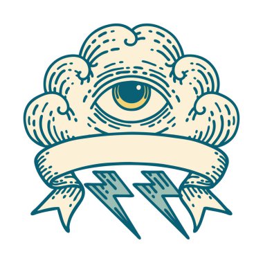 Her şeyi gören bir göz bulutunun bayrağıyla geleneksel dövme.