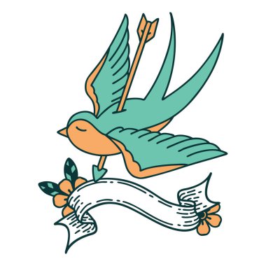 Geleneksel dövmeli bir kırlangıç sancağıyla ok ile fırlatılmış