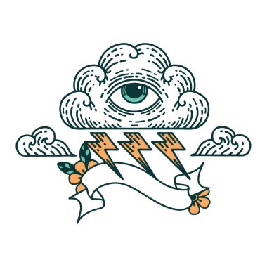 Her şeyi gören bir göz bulutunun bayrağıyla geleneksel dövme.