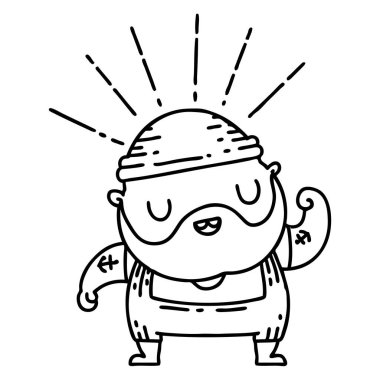 Geleneksel siyah çizginin çizimi. Dövme stili. Sakallı adam pazılarını esnetiyor.