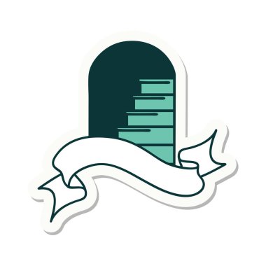 Basamaklara açılan kapının pankartına sahip dövme stili çıkartması