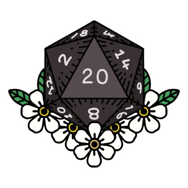 Retro Dövme Biçimi Doğal 20 D20 zarlar Çiçekli elementlerle yuvarlanır