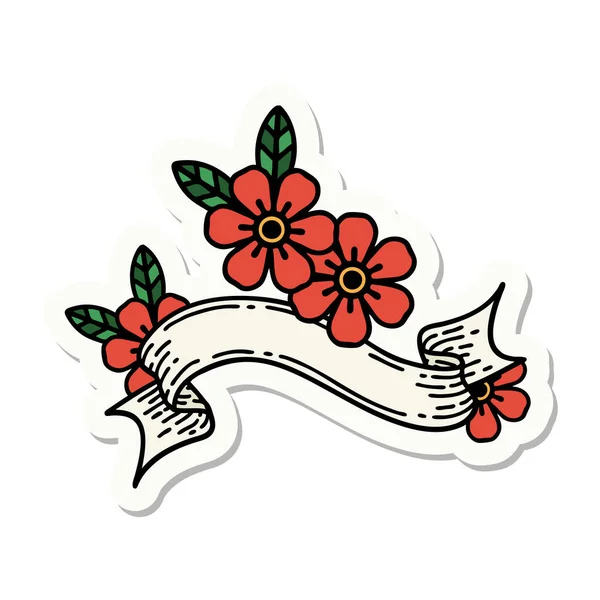Etiqueta Engomada Del Estilo Del Tatuaje Con Bandera Una Flor — Archivo Imágenes Vectoriales