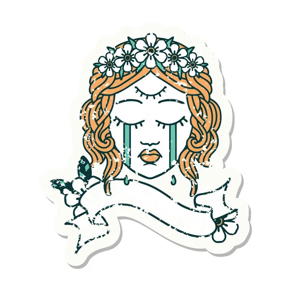 Versleten Oude Sticker Met Banier Van Vrouwelijk Gezicht Met Derde — Stockvector