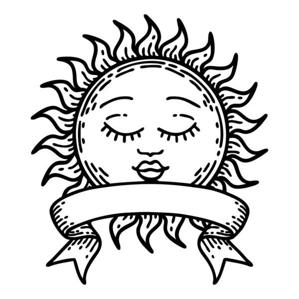 Традиционная Татуировка Черной Линии Знаменем Солнца — стоковый вектор