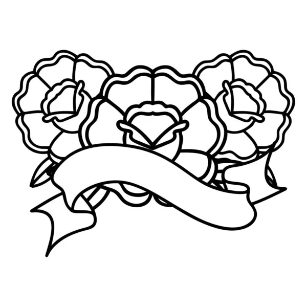 Traditionelle Schwarze Linienarbeit Tätowierung Mit Banner Eines Blumenstraußes — Stockvektor