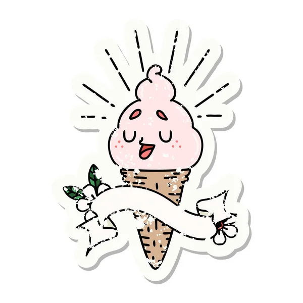 Worn Old Sticker Tattoo Style Ice Cream Character — Stock Vector