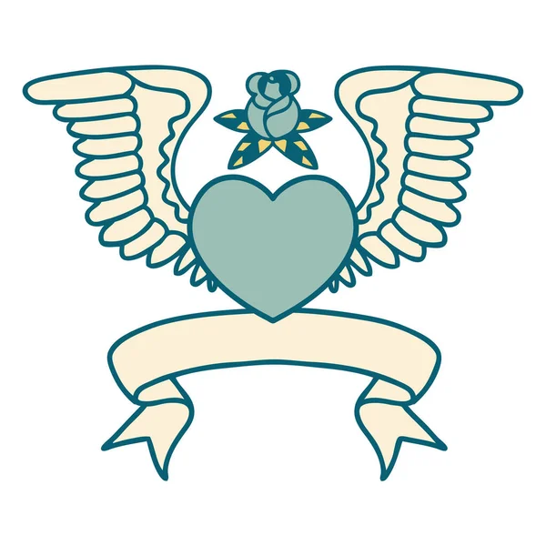 Традиционная Татуировка Знаменем Сердца Крыльями — стоковый вектор