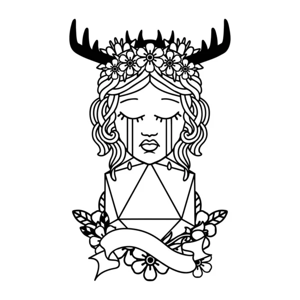 Black White Tattoo Linework Styl Pláče Lidský Druid D20 Přírodní — Stockový vektor