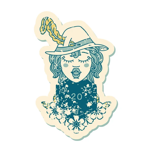 Grunge Sticker Van Een Menselijke Bard Met Natuurlijke Dobbelstenen Rol — Stockvector