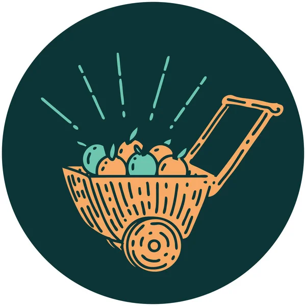 Icône Chariot Style Tatouage Pommes — Image vectorielle