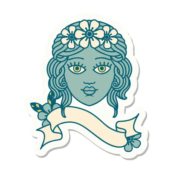 Autocollant Style Tatouage Avec Bannière Visage Féminin Avec Couronne Fleurs — Image vectorielle