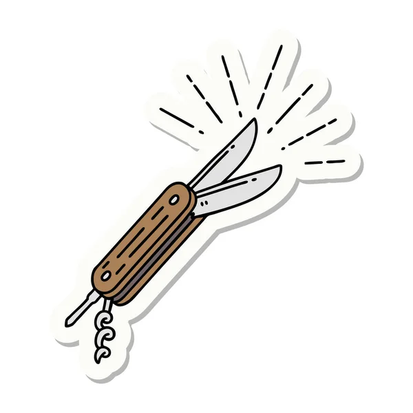 Pegatina Cuchillo Plegable Estilo Tatuaje — Vector de stock