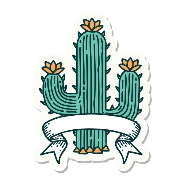 Autocollant Style Tatouage Avec Bannière Cactus — Image vectorielle