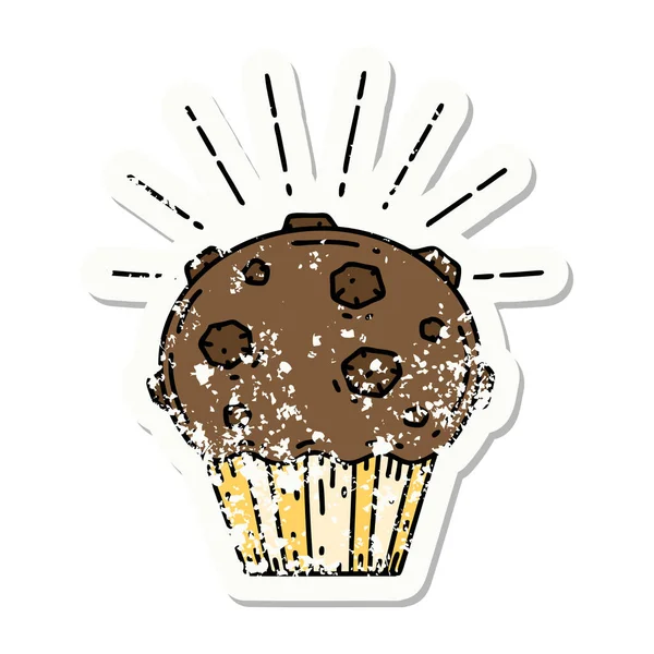 Slidt Gamle Klistermærke Tatovering Stil Chokolade Muffin – Stock-vektor