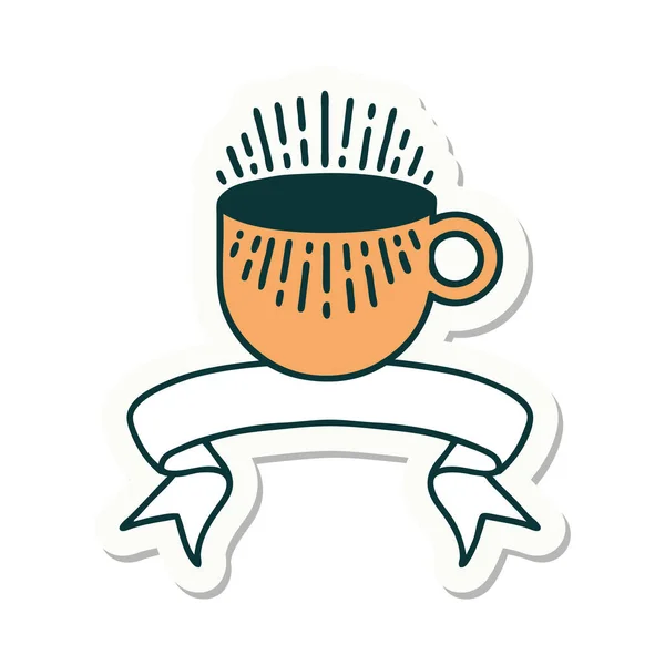 Наклейка Стиле Татуировки Баннером Чашки Кофе — стоковый вектор
