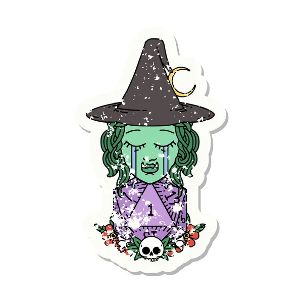 Grunge Sticker Sad Half Orc Witch Character Natural One D20 — Stock Vector