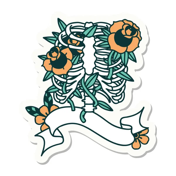 Tattoo Stijl Sticker Met Banner Van Een Ribbenkast Bloemen — Stockvector