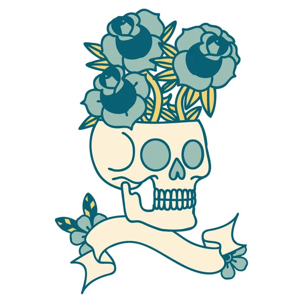 Traditional Tattoo Banner Skull Roses — Stock Vector
