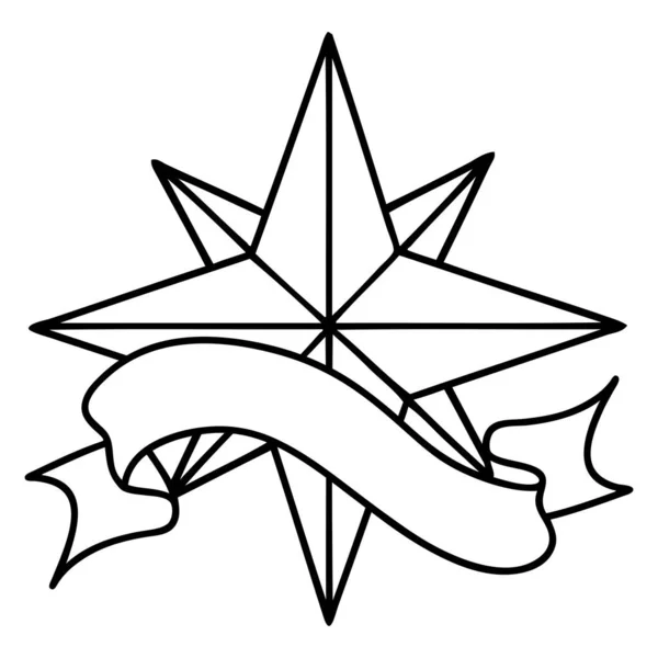 Tatuagem Linework Preto Tradicional Com Banner Uma Estrela —  Vetores de Stock