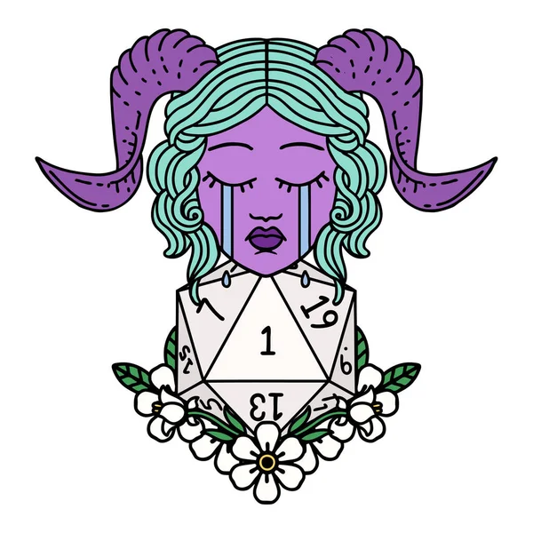 Retro Tattoo Style Κλάμα Tiefling Φυσικό D20 Ζαριά Ζαριά — Διανυσματικό Αρχείο