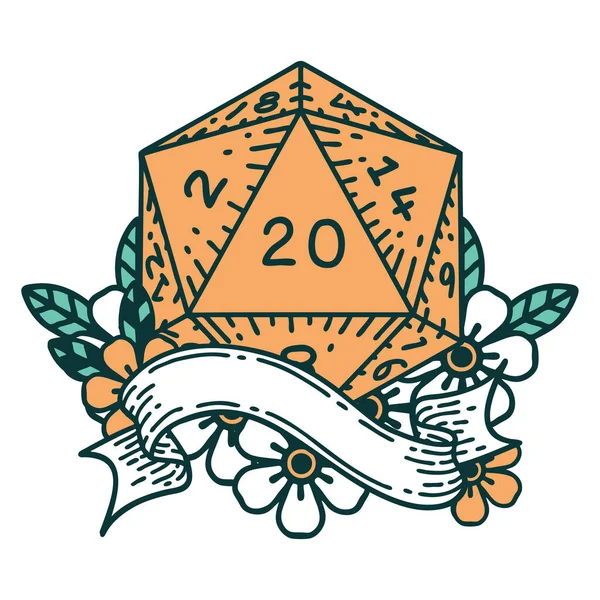 Ρετρό Στυλ Τατουάζ Φυσικό Είκοσι D20 Ζαριά Ζαριά — Διανυσματικό Αρχείο