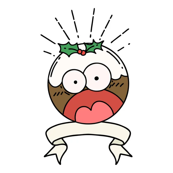 Scroll Banner Tattoo Style Shocked Christmas Pudding — Stock Vector