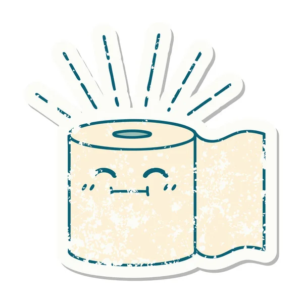 Worn Old Sticker Tattoo Style Toilet Paper Character — Stock Vector