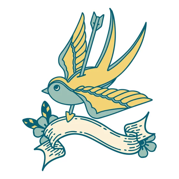Традиционная Татуировка Знаменем Ласточки Пронзённой Стрелой — стоковый вектор