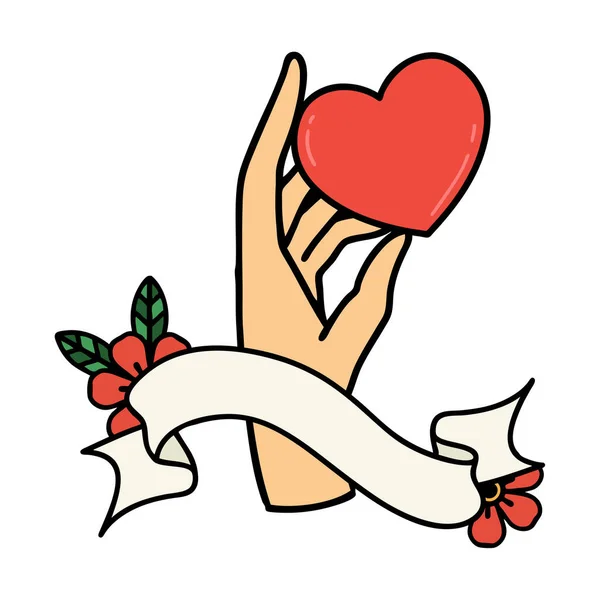 Tatuagem Tradicional Com Banner Uma Mão Segurando Coração — Vetor de Stock