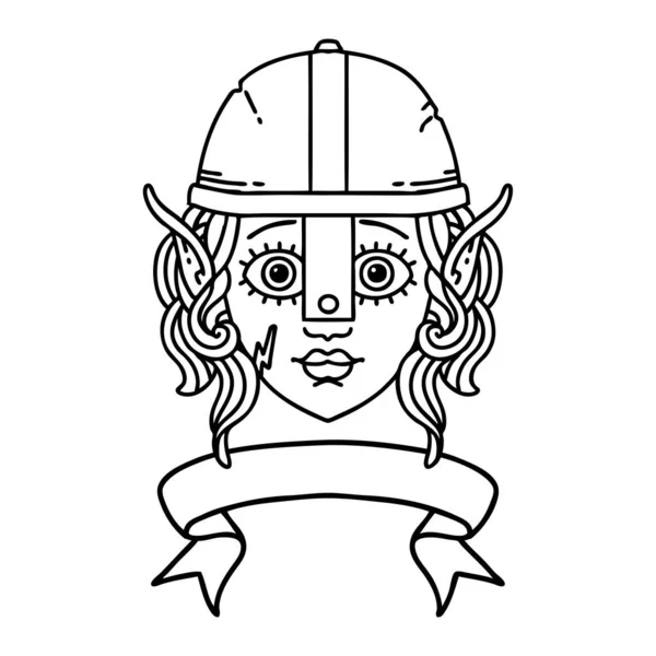 Black White Tattoo Linework Style Elf Fighter Character Face Banner — Stock Vector