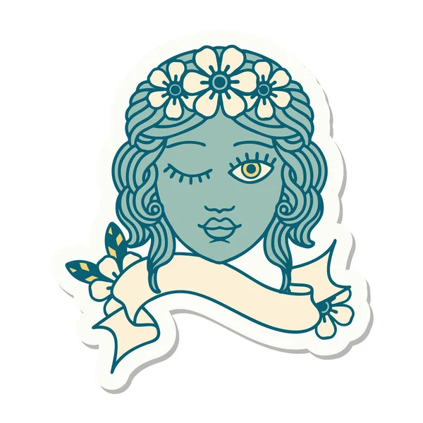 Autocollant Style Tatouage Avec Bannière Une Jeune Fille Face Clin — Image vectorielle